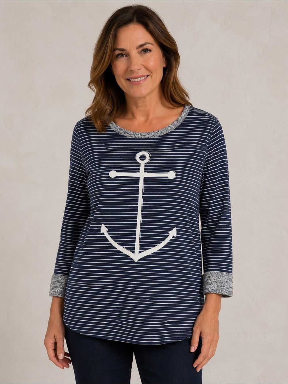 Fresh Produce Navy Striped Anchor Tunic Top 3/4 Sleeve Nautical Coastal MEDIUM
